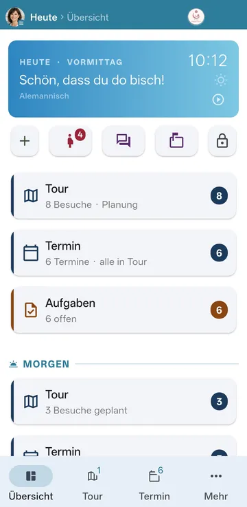 Startbildschirm „Heute“: Begrüßung, Schnellzugriffe, Tour mit 8 Besuchen, 11 Termine, 6 offene Aufgaben