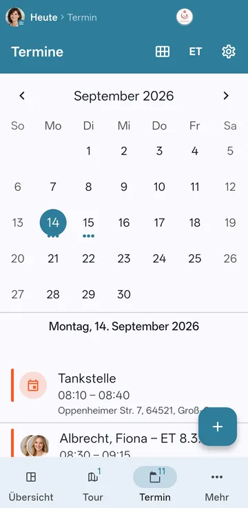 Terminansicht: Monatskalender September 2026, darunter die Termine des Tages mit Uhrzeit, Adresse und ET